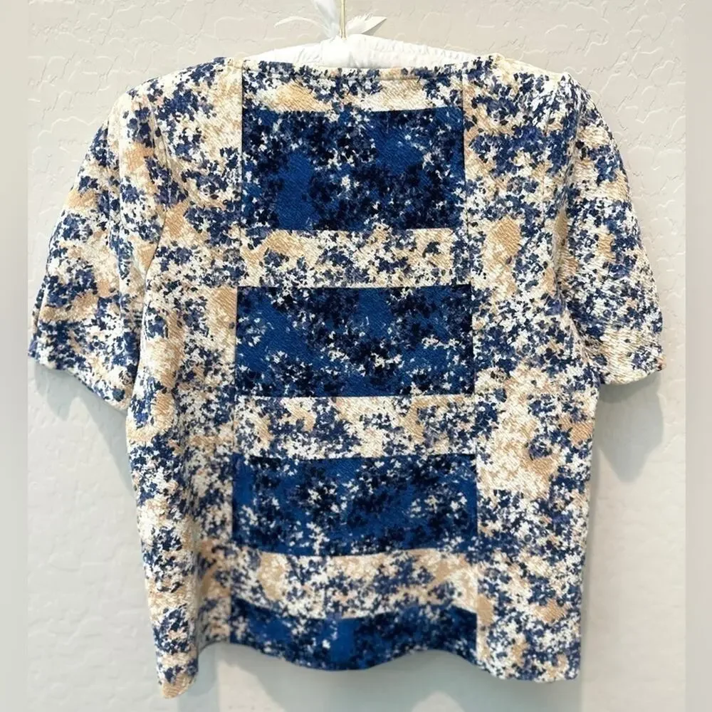 ANTHROPOLOGIE Blue Cream Puff Sleeve Knit Top Floral Stripe Coastal Small